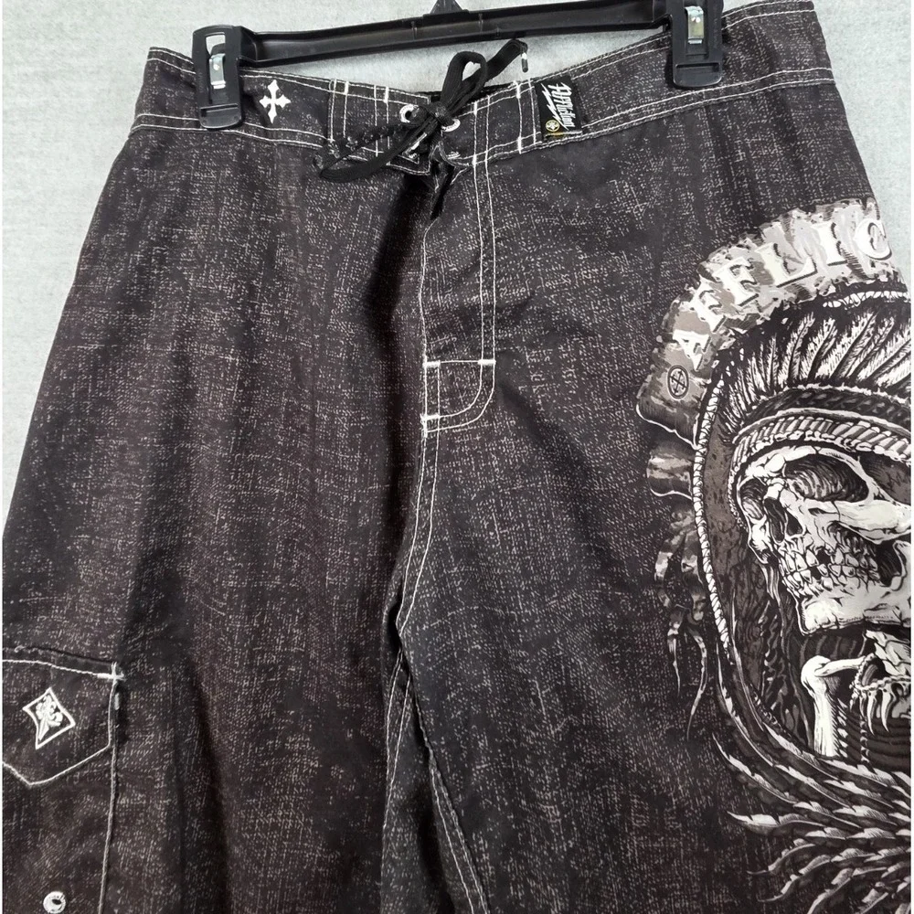 Affliction‎ THUNDERFOOT Boardshorts Swim Trunks 34 Black Tie Waist Gothic Grunge